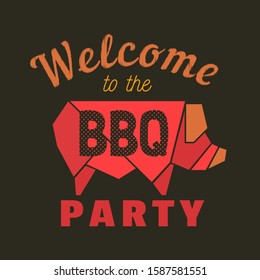 BBQ party welcome flat hand drawn vector icon. Barbecue grilled pork design element. Roasted grilling meat cartoon. Grill bbq party template. Meat barbeque restaurant menu background illustration