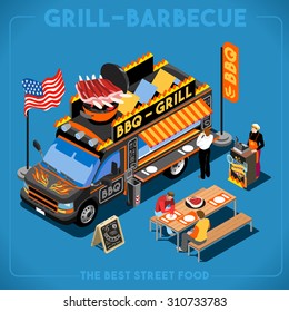 BBQ Passion Food Truck own menu. Customer lunch Delivery Master Street Chef Template. 3D Flat Icon Set Isometric Vehicle Van. Dish Love app American meal cook Barbecue Rib Cuisine Vector Illustration