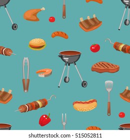 Bbq pattern with cartoon style barbecue food burgers sausages grill fork turner colorful isolated symbols vector illustration