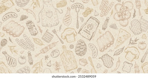 BBQ pattern, grill barbecue background with meat food. Barbeque seamless on craft paper. Chicken, steak, beef, sausage, kebab sketch vector. Doodle BBQ cook illustration background. Steakhouse pattern