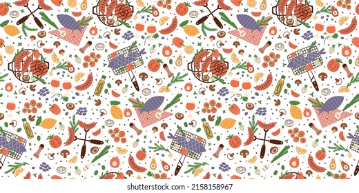 BBQ pattern. BBQ party seamless pattern. BBQ party food background. Summer picnic banner with barbecue grill, roasted sausages, tomatoes vegetable grilled fish. Cartoon picnic food vector illustration