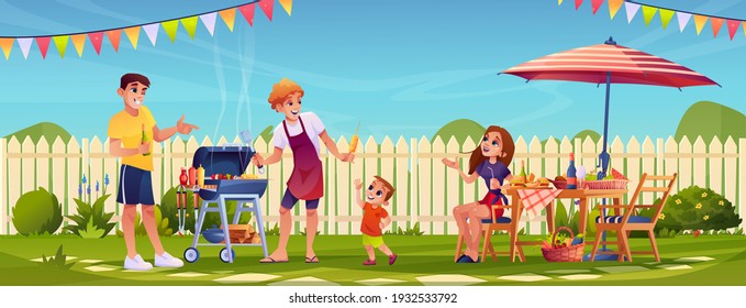 Bbq People Party On Garden Backyard, Happy Family Cooking Food Outdoors In Garden With Fence. Vector Mother Father And Children Grilling Meat, Picnic Outdoors. Barbeque Table, Umbrella And Flags