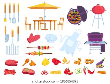 Bbq picnic food. Barbecue cooking steak, meat, fish and chicken. Cook apron, spatula, fork and knife. Cartoon summer grill party vector set. Outdoor table with chairs and big umbrella