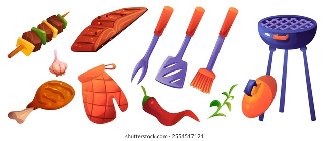 BBQ picnic food and equipment set isolated on white background. Vector cartoon illustration of garden grill for barbecue party, roast meat on skewer, grilled fish, chili pepper and fresh rosemary