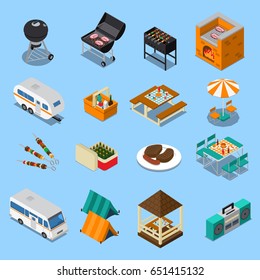 Bbq picnic isometric set with food, grill equipment, tents, camper, music on blue background isolated vector illustration