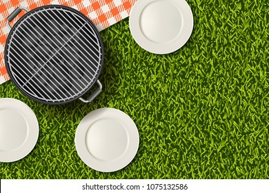 Bbq picnic in park, banner or poster design template. Vector realistic 3d illustration of barbecue grill, white plate, gingham red plaid on green grass lawn. Summer background.