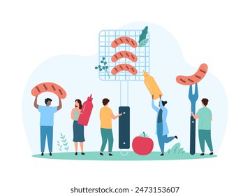 BBQ picnic party, cooking healthy hot barbecue food for dinner. Tiny people holding grill grate with dish, ketchup and mustard sauces in bottles, cooked sausage on fork cartoon vector illustration