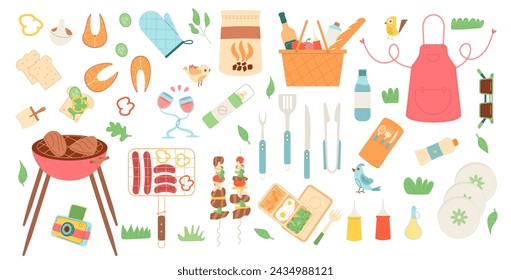Bbq picnic set. Spring grill elements isolated on white background. Summer cookout day meal in park or backyard. Vector flat illustration.
