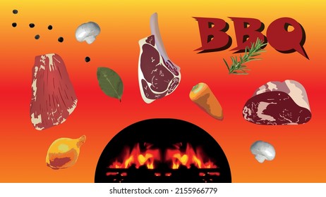 BBQ Poster, Beef Rib Roast,Rib Eye Steak,Flank Steak,vegetables And Spices, BBQ Fire.Vector Illustration