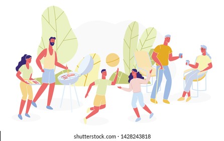 Bbq Poster for Family Different Generations Flat. Family Spends Time Together in Nature. Children Play and Have Fun. Husband and Wife on Picnic. Elderly Parents Visiting Children Cartoon.