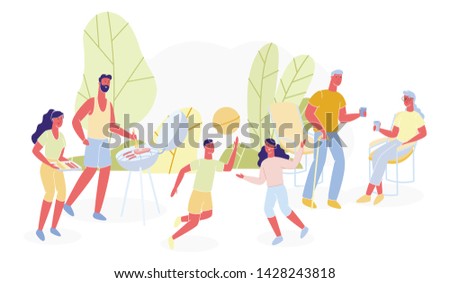 Bbq Poster for Family Different Generations Flat. Family Spends Time Together in Nature. Children Play and Have Fun. Husband and Wife on Picnic. Elderly Parents Visiting Children Cartoon.