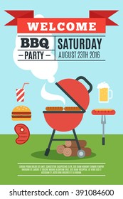 BBQ poster with grill and cooked food flat vector illustration