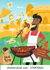 BBQ poster in mid century style. A cheerful man with the dog is cooking steak barbecue outdoors. Summer background with friends and beers on the picnic in the garden. 1950s. Easy editable.