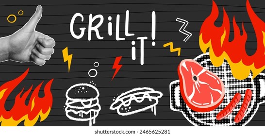 Cartel de la barbacoa, folleto de la parrilla del restaurante, Plantilla vintage de la barbacoa con la parrilla al aire libre del grunge. Ilustración de la llama del fuego caliente. Barbacoa de carne al fuego. Ilustración vectorial