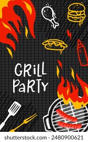 BBQ poster, restaurant grill flyer, vintage barbecue template with grunge outdoor grill. Hot Fire Flame Illustration. Meat On Fire Barbecue. Vector illustration