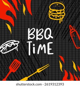 BBQ poster, restaurant grill flyer, vintage barbecue template with grunge outdoor grill. Hot Fire Flame Illustration. Meat On Fire Barbecue. Vector illustration