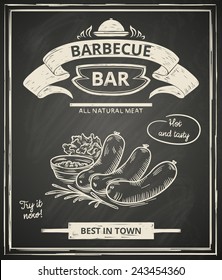 BBQ Poster Stylized Like Sketch Drawing On The Chalkboard.Vector Illustration.