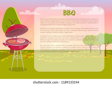 BBQ poster with text and nature vector. Grille grid with roasting meat, beef and pork grilling. Autumn leaves on grass and trees, picnic barbecue