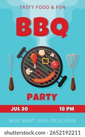 Poster para churrasco.Grill churrasco festa invintation.Colorful poster para churrasco. Cartaz de cozinha ao ar livre. Grelha, espátula, garfo, salsicha, molho, tomate, alecrim, perna de frango, carne, pimenta, cebola. Ilustração vetorial. 