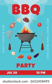Poster para churrasco.Grill churrasco festa invintation.Colorful poster para churrasco. Cartaz de cozinha ao ar livre.Grelha, espátula, garfo, ketchup, molho, tomate, alecrim, perna de frango, bife, berinjela, cebola. Ilustração vetorial.