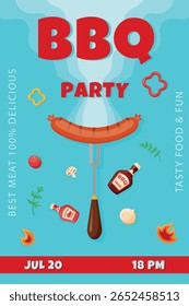 Poster para churrasco.Grill churrasco festa invintation.Colorful poster para churrasco. Cartaz de cozinha ao ar livre. Garfo com salsicha, ketchup, molho de churrasco, tomate, alecrim, bife, pimenta, cebola. Ilustração vetorial.