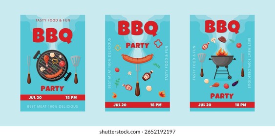 churrasco posters coleção.churrasco festa convites.Colorido churrasco posters.Outdoor cozinhar posters Grill, espátula, garfo, salsicha, molho, tomate, alecrim, perna de frango, carne, pimenta. Ilustração vetorial. 