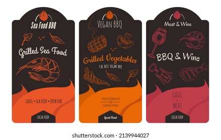 BBQ in restaurant or cafe, grilled sea food and meat, vegetables and served wine alcoholic drinks. Preparing at home or local bar assortment. Banner or label, tasty meal takeaway. Vector in flat