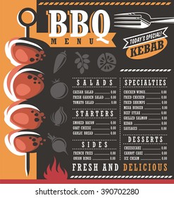 BBQ restaurant menu design. Abstract grill menu layout concept on dark black background. Document template. Print mock up. Grilled meat. Kebab image on a menu cover.