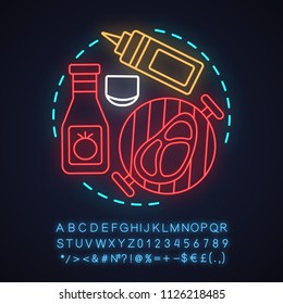 BBQ restaurant neon light concept icon. Barbecue idea. Food preparation. Glowing sign with alphabet, numbers and symbols. Vector isolated illustration