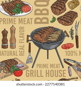 BBQ Restaurant nahtlose Muster bunt mit gegrillten Steaks und Mais oder Tomate zum Garnieren aus Fleischbar Menü Vektorgrafik