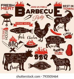 BBQ retro card.Animal cuts.All elements editable.Vector illustration.