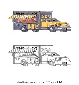 bbq retro food truck, hand draw doodles style van, vector coloring illustration,