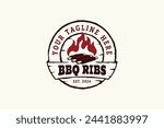 BBQ ribs logo with a combination of ribs, grill, flame and beautiful lettering in a vintage and rustic style. This is suitable for fast food, restaurants, cafes, food trucks, etc.