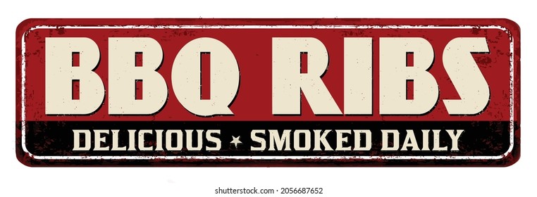 Bbq ribs vintage rusty metal sign on a white background, vector illustration