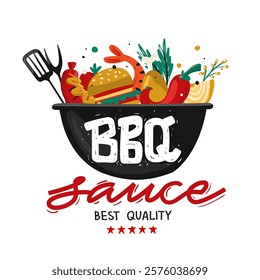 BBQ Sauce. Bold text in the silhouette of the grill bowl. Grill filled with ingredients for barbecue food weekend. Logo, label, sticker isolated background. Vector file.