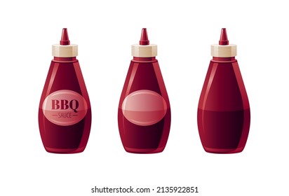 BBQ Sauce Bottle. Barbecue Vector Glass Bottle. Illustration Of Hot Sauce - Ketchup Barbeque Chili Salsa Mustard. Food Icons With Text Logo Packaging, Empty Label, Blank Mock Up.