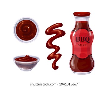 BBQ Sauce In Bottle And Bowl, Sauce Spilled Strips And Spots. BBQ Sauce Top View. Vector Illustration.