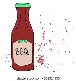BBQ sauce bottle with splashes and stains. Hand drawn barbeque dressing. Vector barbecue sketch.