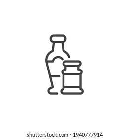 Icono de la línea de botellas con salsa de barbacoa. signo de estilo lineal para concepto móvil y diseño web. Icono vectorial del contorno de la salsa de ketchup y mostaza. Símbolo, ilustración del logotipo. Gráficos vectoriales
