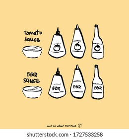 bbq sauce and ketchup in sketch brush style. Isolated on yellow background. Hand drawn vector illustration fast food. Icon