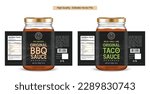 BBQ sauce label design, Taco sauce label design, Mexican food packaging, barbecue spicy sauce packaging label vector illustration. Black premium quality spice food label designs.
