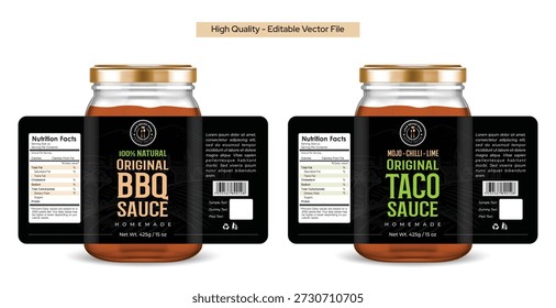 BBQ Sauce Label Design, Taco Seasoning Jar Label editable vector template design. Product label design template for spice, seasoning, food product, packaging print ready file