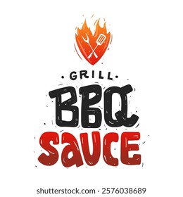 BBQ Sauce. Logo, label, sticker with bold text. Flaming heart grill icon featuring fork and spatula. Red gradient design. Vector file.