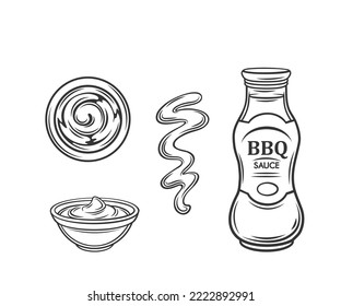 BBQ sauce outline icons set vector illustration. Line hand drawing glass bottle of barbecue with label and lid, drip splash for hot grill barbeque burger and sausage, sauce with smoked flavor in bowl