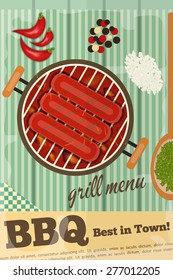 BBQ. Sausage Barbecue, Grill on Wooden Rustic Background. Vector Illustration.