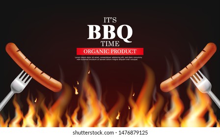 Bbq sausage fire Vector realistic. Vertical menu brochure template hot grill. Hot sauce chily and tomato. 3d illustration food
