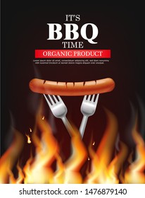 Bbq sausage fire Vector realistic. Vertical menu brochure template hot grill. Hot sauce chily and tomato. 3d illustration food