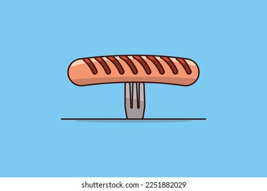 BBQ Sausage with Fork vector illustration. Food object icon concept. Food sausage and fork vector design with shadow on blue background. Barbecue logo. BBQ time. Restaurant. Menu. Food. Sausage icon.