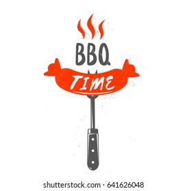 Bbq sausage. It's BBQ time sign. Design element for your design. Vector illustration