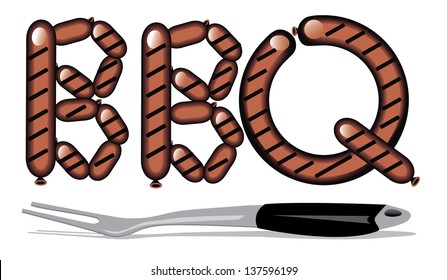 BBQ sausages and fork. EPS 10 vector, grouped for easy editing. No open shapes or paths.